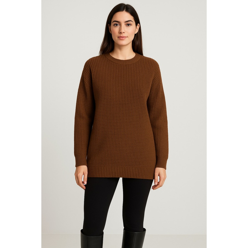 Womens Preppy Waffle Knit Fisherman Crewneck Sweater Medium Brown Cozy 90s Indie
